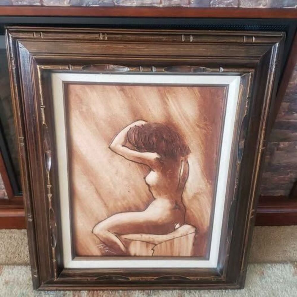 Artist signed 1970s Framed Nude Figure Art Oil Painting